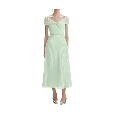 (Women) Self-Portrait Pleated Midi Short Sleeve Dress Mint Green. SWF353Y08500