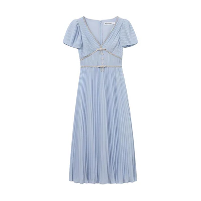 (Women) Self-Portrait Pleated V-Neck Short Sleeve Dress with Bow, Misty Blue . SWF353Y02700