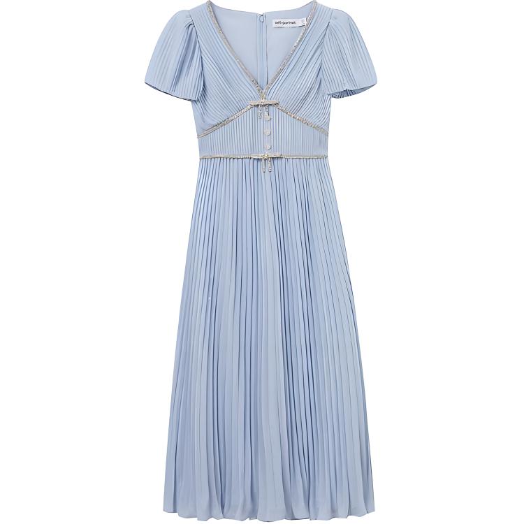 (Women) Self-Portrait Pleated V-Neck Short Sleeve Dress with Bow, Misty Blue . SWF353Y02700 圖 2