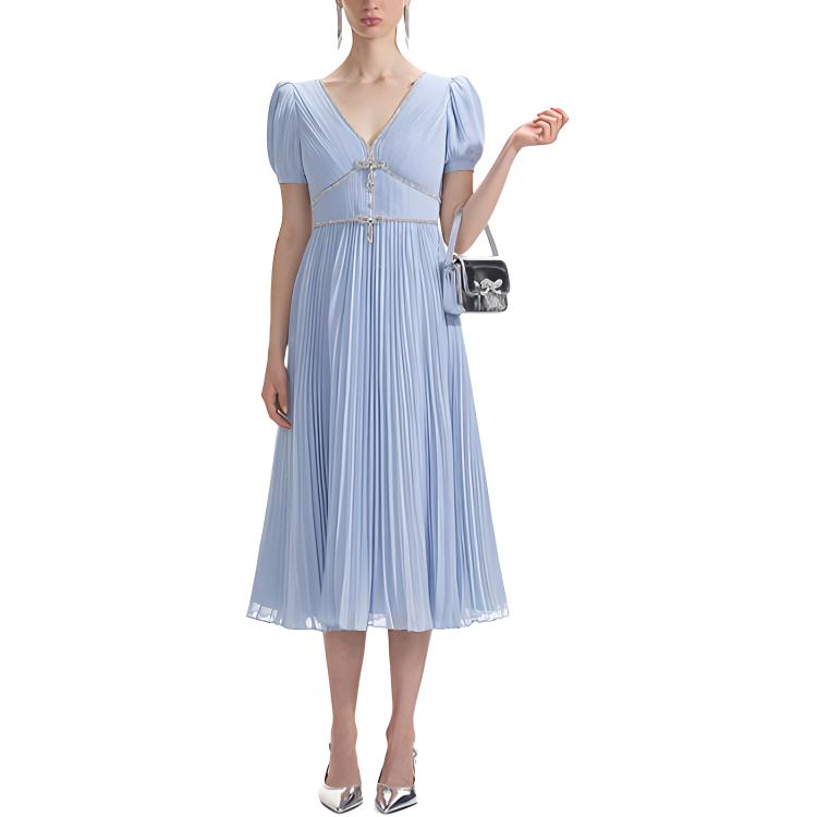 (Women) Self-Portrait Pleated V-Neck Short Sleeve Dress with Bow, Misty Blue . SWF353Y02700 圖 3
