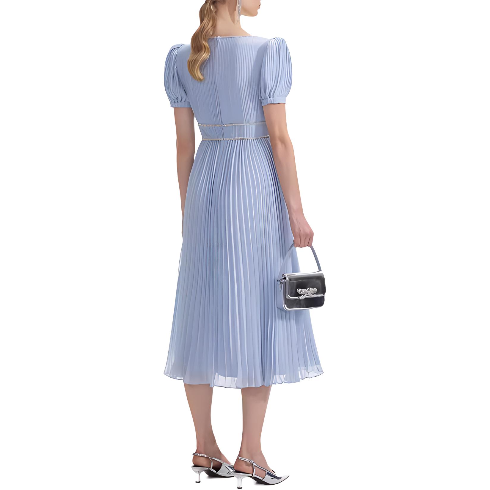 (Women) Self-Portrait Pleated V-Neck Short Sleeve Dress with Bow, Misty Blue . SWF353Y02700 圖 4