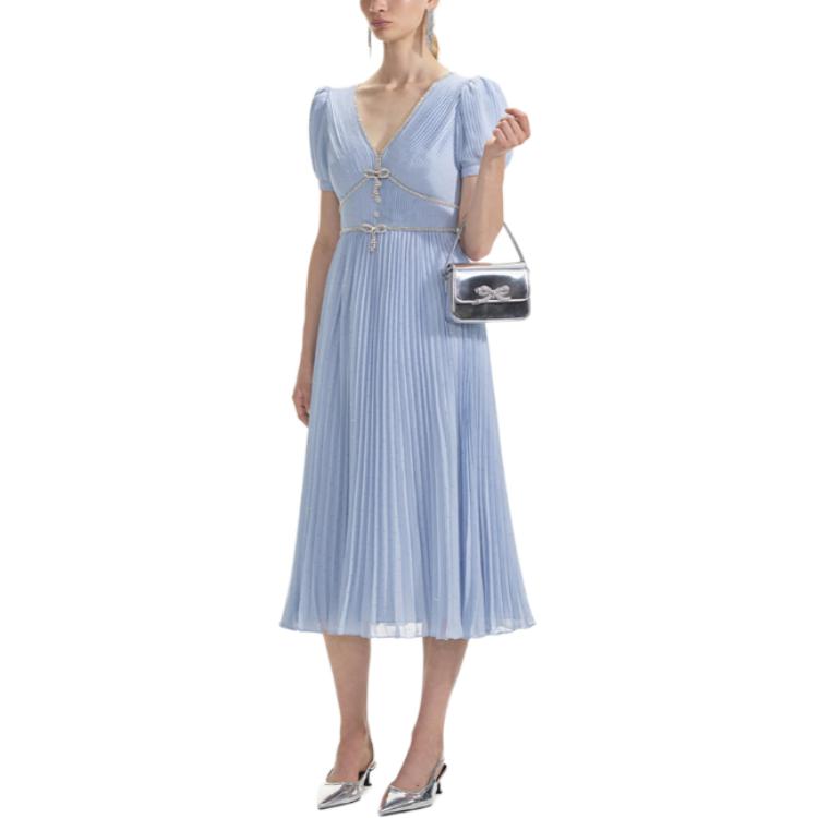 (Women) Self-Portrait Pleated V-Neck Short Sleeve Dress with Bow, Misty Blue . SWF353Y02700 圖 5