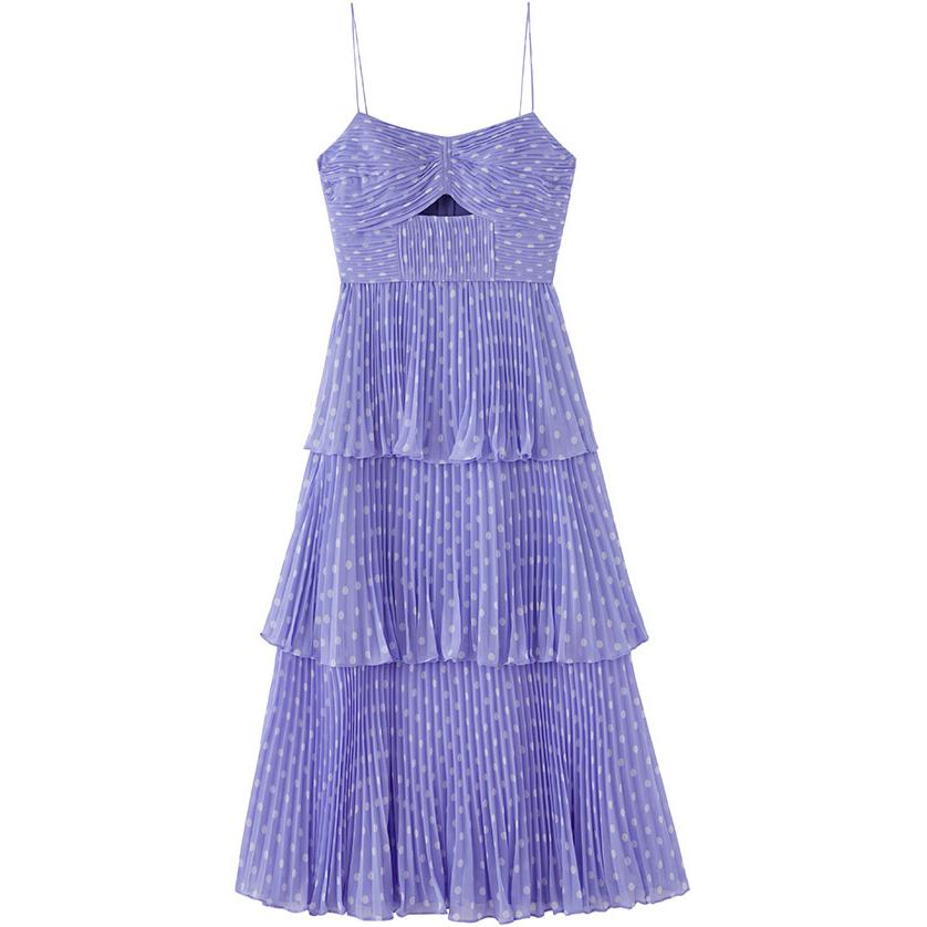 (Women) Self-Portrait Polka Dot Ruffled Spaghetti Strap Maxi Dress - Purple. SWF342Y11400