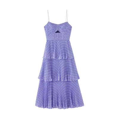 (Women) Self-Portrait Polka Dot Ruffled Spaghetti Strap Maxi Dress - Purple. SWF342Y11400