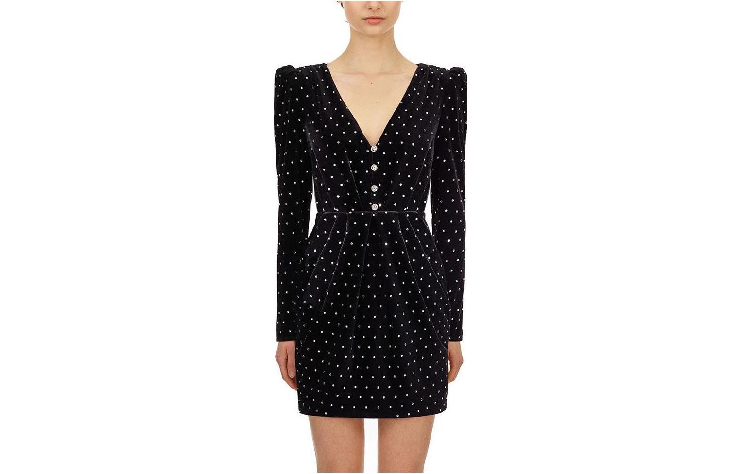 (Women) Self-Portrait Polka Dot Velvet Puff Sleeve Slim Fit Black Evening Dress for Women. SWF204Y08600