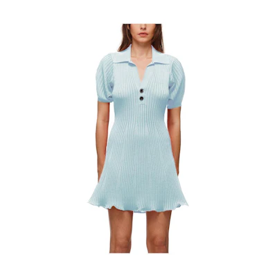 (Women) Self-Portrait Puff Sleeve Knit Polo Dress - Slim Fit, High Waist, Light Blue Dress SWF322M06900