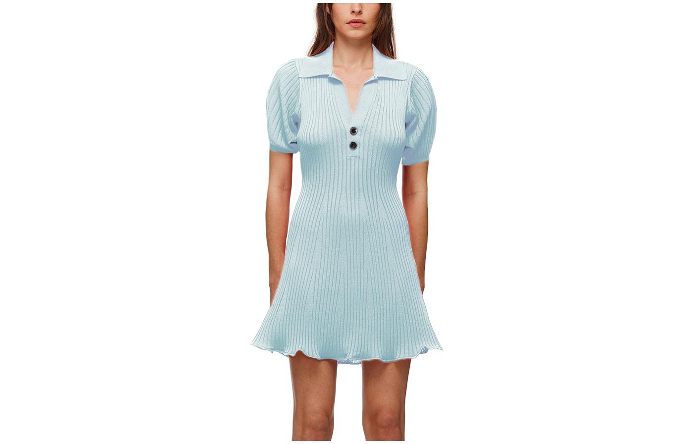 (Women) Self-Portrait Puff Sleeve Knit Polo Dress - Slim Fit, High Waist, Light Blue Dress SWF322M06900 圖 2