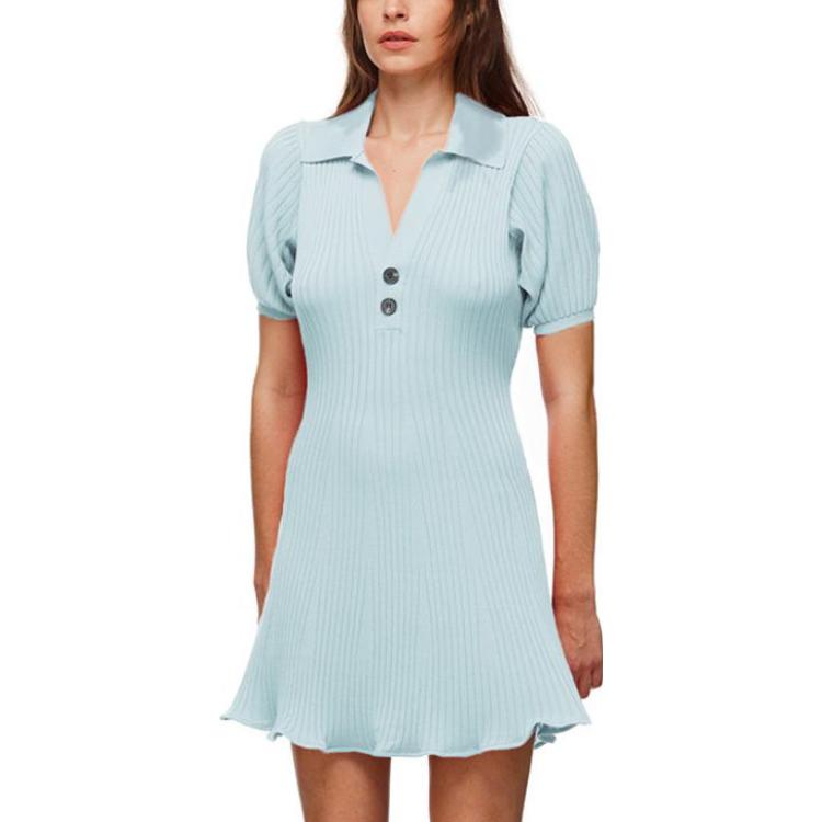(Women) Self-Portrait Puff Sleeve Knit Polo Dress - Slim Fit, High Waist, Light Blue Dress SWF322M06900 圖 5