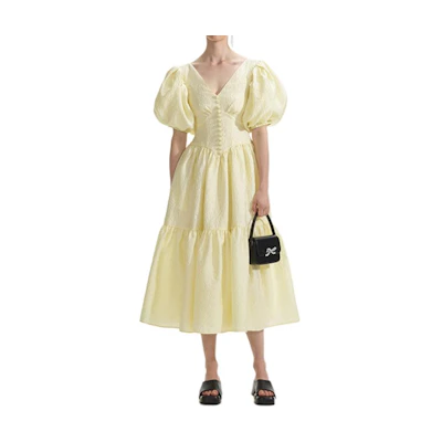 (Women) Self-Portrait Puff Sleeve V-Neck Midi Princess Dress Cream Yellow SWF353Y01500