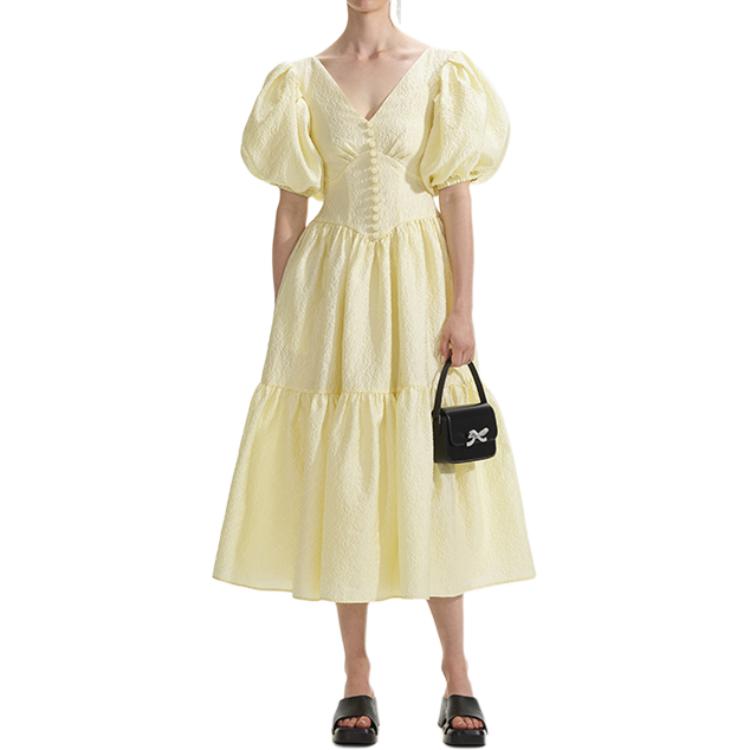 (Women) Self-Portrait Puff Sleeve V-Neck Midi Princess Dress  Cream Yellow SWF353Y01500 圖 2