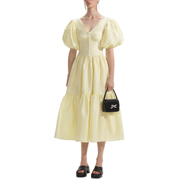(Women) Self-Portrait Puff Sleeve V-Neck Midi Princess Dress  Cream Yellow SWF353Y01500 圖 3