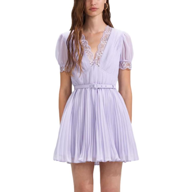 (Women) Self-Portrait Purple V-Neck Puff Sleeve Lace Short Dress for Women SWF341Y03200