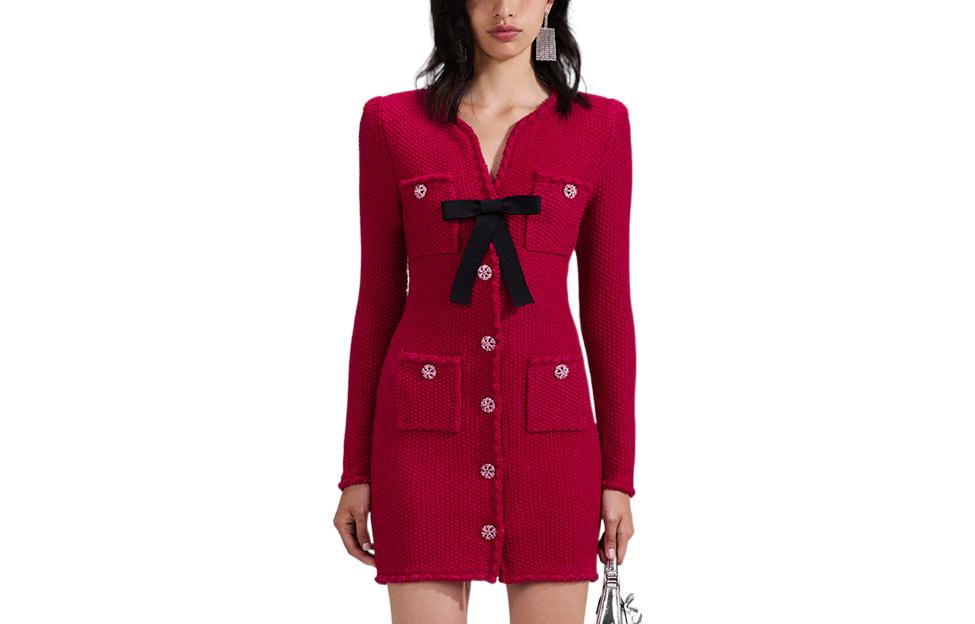 (Women) Self-Portrait Red Bow V-Neck Slim Knit Elegant Evening Dress for Women SWF341M00800