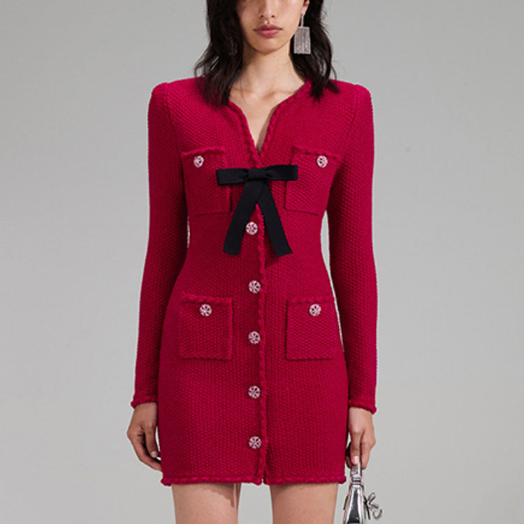 (Women) Self-Portrait Red Bow V-Neck Slim Knit Elegant Evening Dress for Women SWF341M00800 圖 4