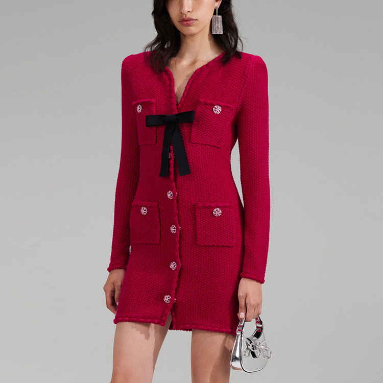 (Women) Self-Portrait Red Bow V-Neck Slim Knit Elegant Evening Dress for Women SWF341M00800 圖 5