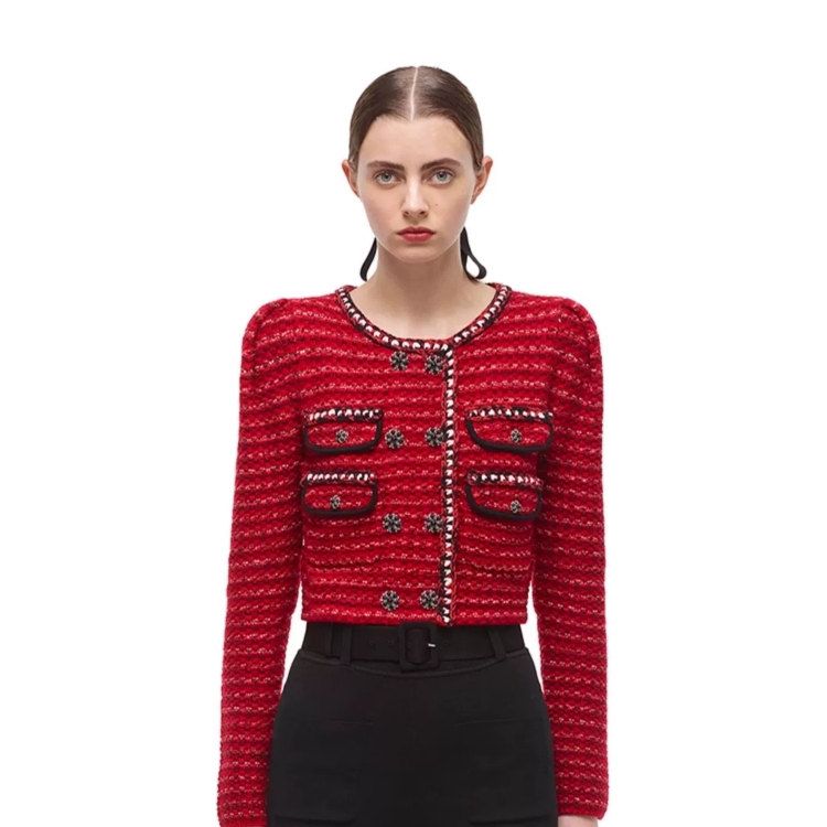 (Women) Self-Portrait Red Knit Wool-Blend Short Cardigan Jacket for Women SWF325M11300137