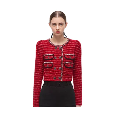 (Women) Self-Portrait Red Knit Wool-Blend Short Cardigan Jacket for Women SWF325M11300137