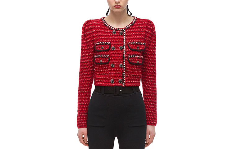 Order (W) Self-Portrait紅色羊毛混紡短款針織開衫外套 女裝 SWF325M11300137