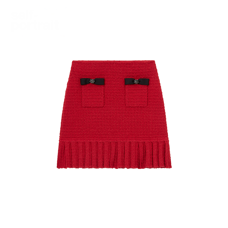 (Women) Self-Portrait Red Knitted High Waist Bow Mermaid Skirt for Women - Festive Style SWF351M02300