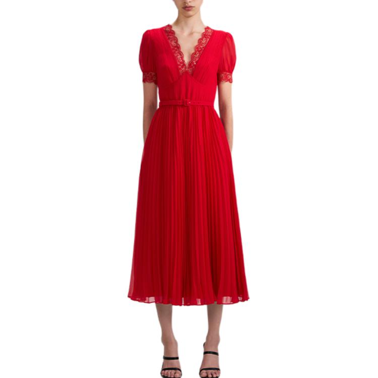 (Women) Self-Portrait Red Lace Midi Pleated V-Neck Dress - Elegant Wedding & Party Wear. SWF341Y07600