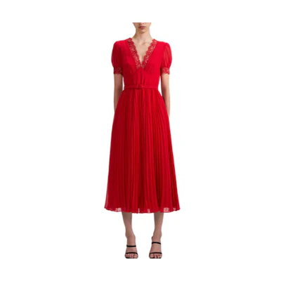 (Women) Self-Portrait Red Lace Midi Pleated V-Neck Dress - Elegant Wedding & Party Wear. SWF341Y07600