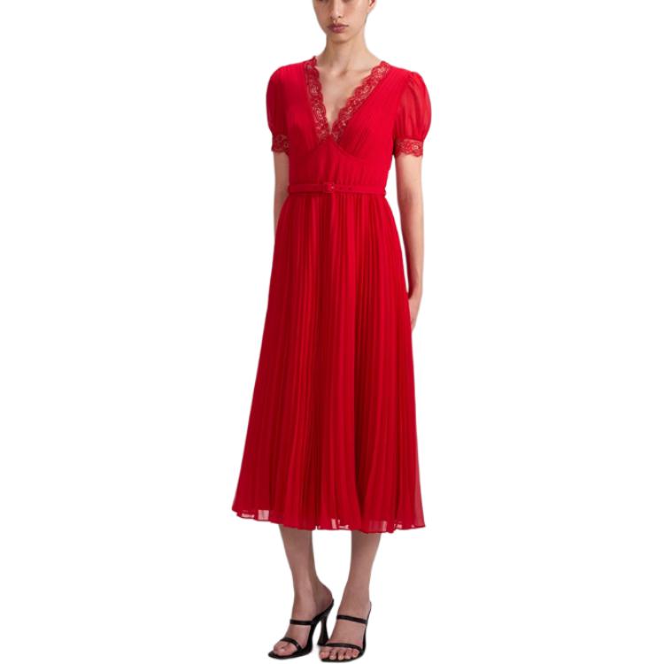 (Women) Self-Portrait Red Lace Midi Pleated V-Neck Dress - Elegant Wedding & Party Wear. SWF341Y07600 圖 3