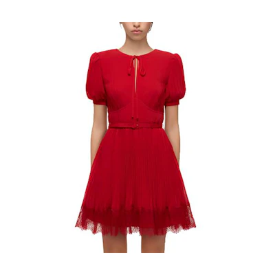 (Women) Self-Portrait Red Lace Puff Sleeve Midi Dress - Bridesmaid/Wedding Guest Dress SWF331Y06800
