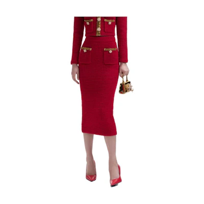 (Women) Self-Portrait Red Slim Knit Wedding Bridesmaid Dress Casual Maxi Gown for Women. SWF351M00800