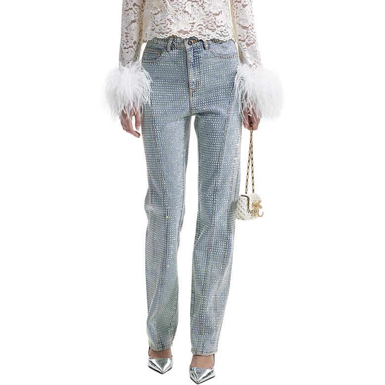 Lookbook (W) Jeans Self-Portrait Biru Denim Tinggi Pinggang Rhinestone Lurus SWF351K00700