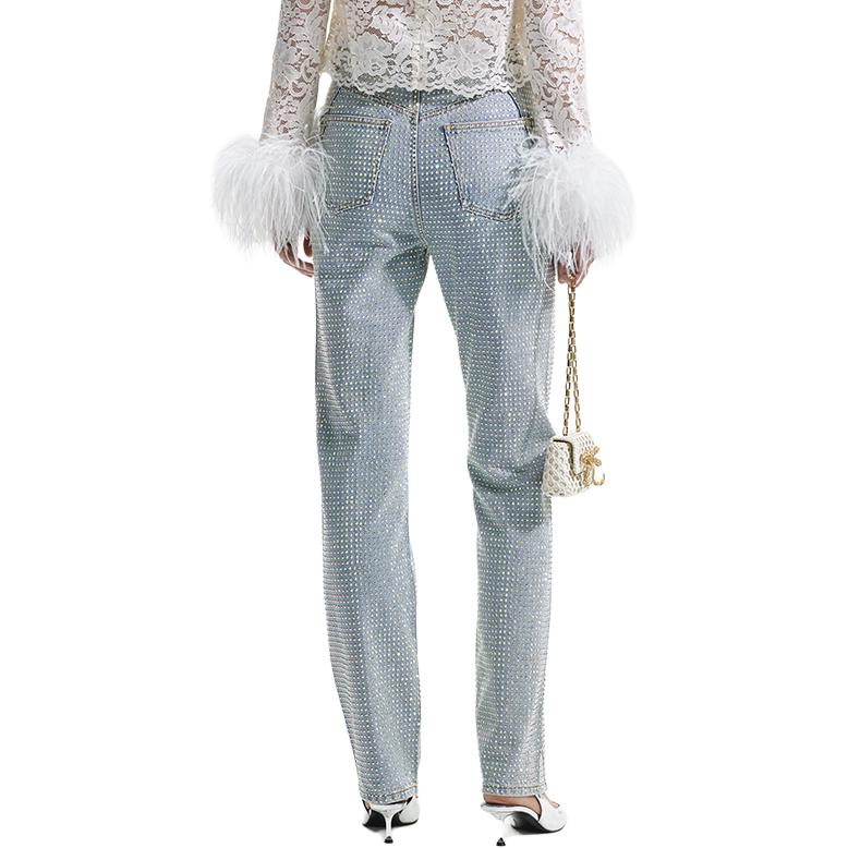 Shop (W) Jeans Self-Portrait Biru Denim Tinggi Pinggang Rhinestone Lurus SWF351K00700