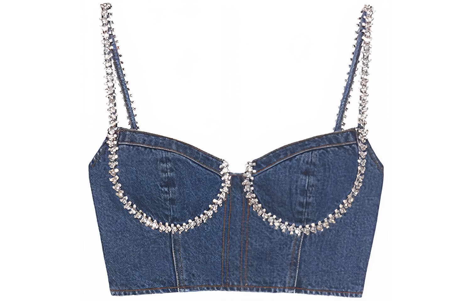 Order (W) Self-Portrait Denim Biru Crop Top Tanpa Lengan Wanita dengan Tali Rhinestone SWF343B00700