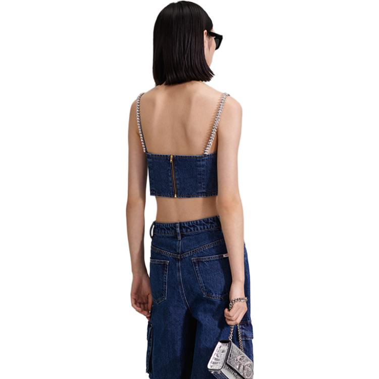Shop (W) Self-Portrait Denim Biru Crop Top Tanpa Lengan Wanita dengan Tali Rhinestone SWF343B00700