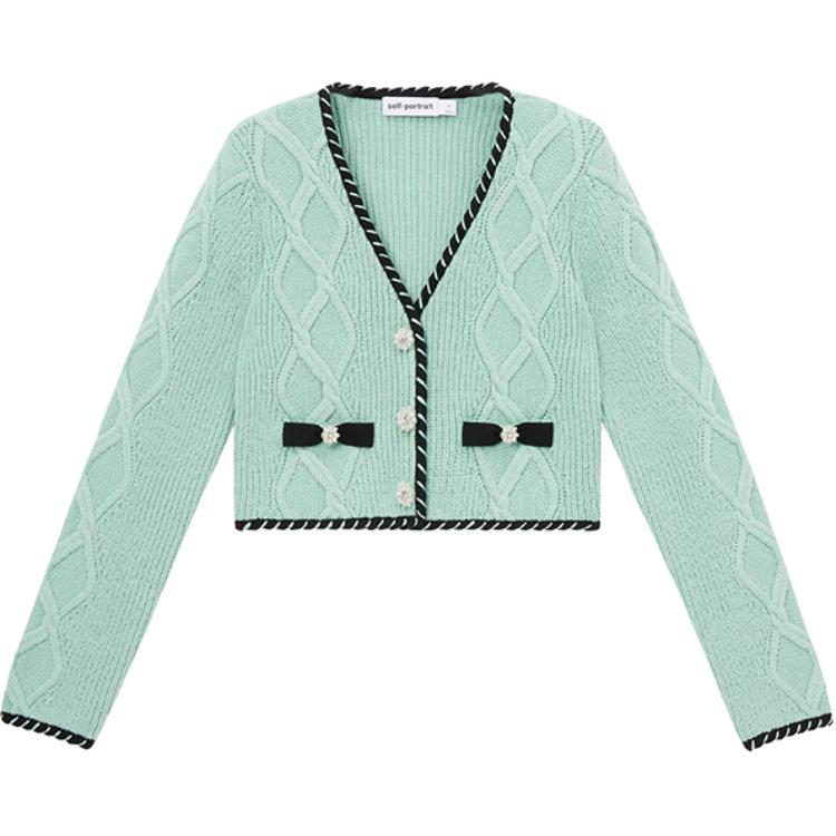 (Women) Self-Portrait Ribbed V-Neck Bow Knit Sweater  Mint Green. SWF351M04000