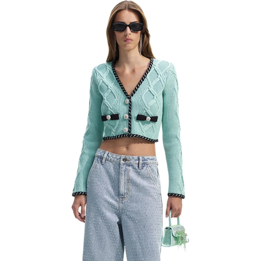 Lookbook (W) Self-Portrait 羅紋V領蝴蝶結針織毛衣 薄荷綠 SWF351M04000