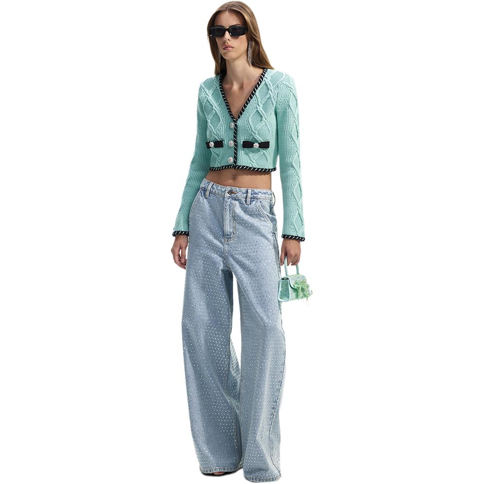 Purchase (W) Self-Portrait 羅紋V領蝴蝶結針織毛衣 薄荷綠 SWF351M04000