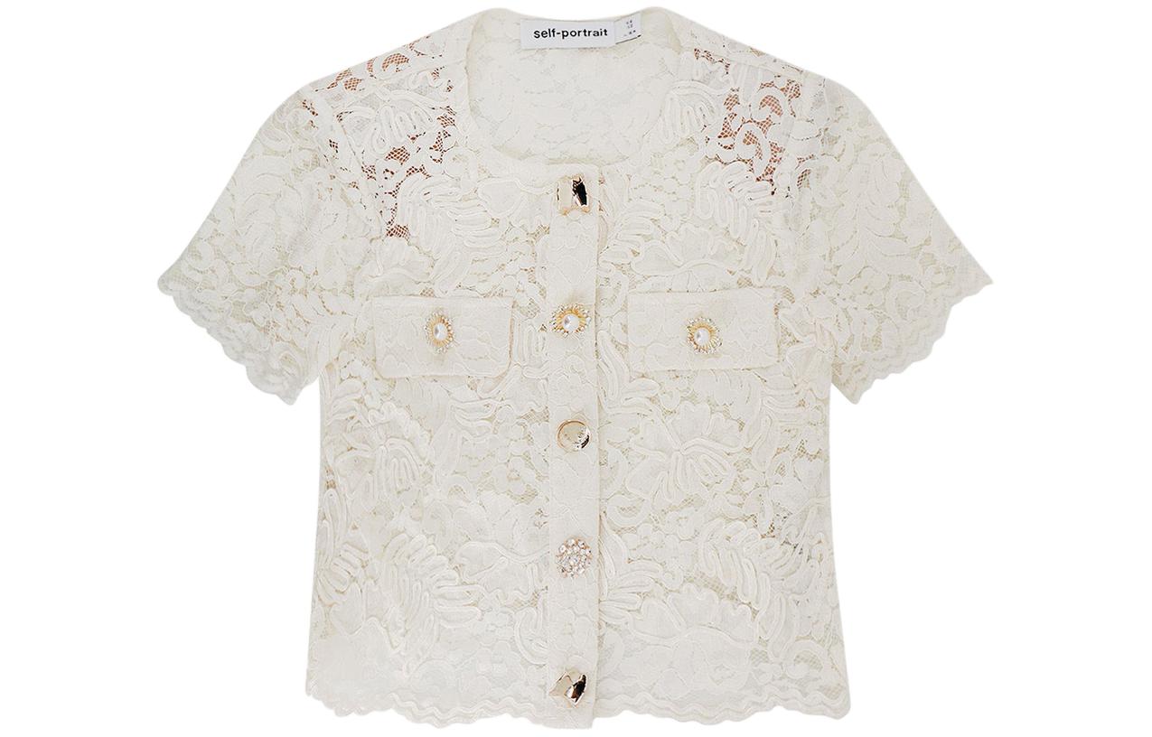 (Women) Self-Portrait Round Neck Button Hollow Short Sleeve Regular T-Shirt Beige (Women) RS24174TC-CREAM