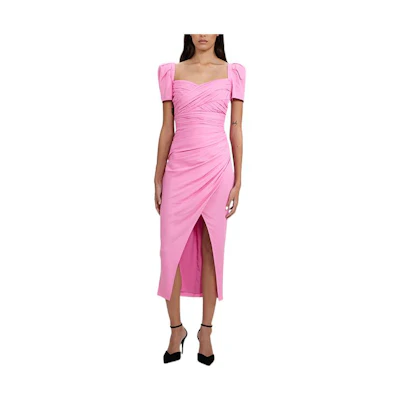 (Women) Self-Portrait Ruched Off-Shoulder Midi Dress with Puff Sleeves Women’s SWF333Y06100