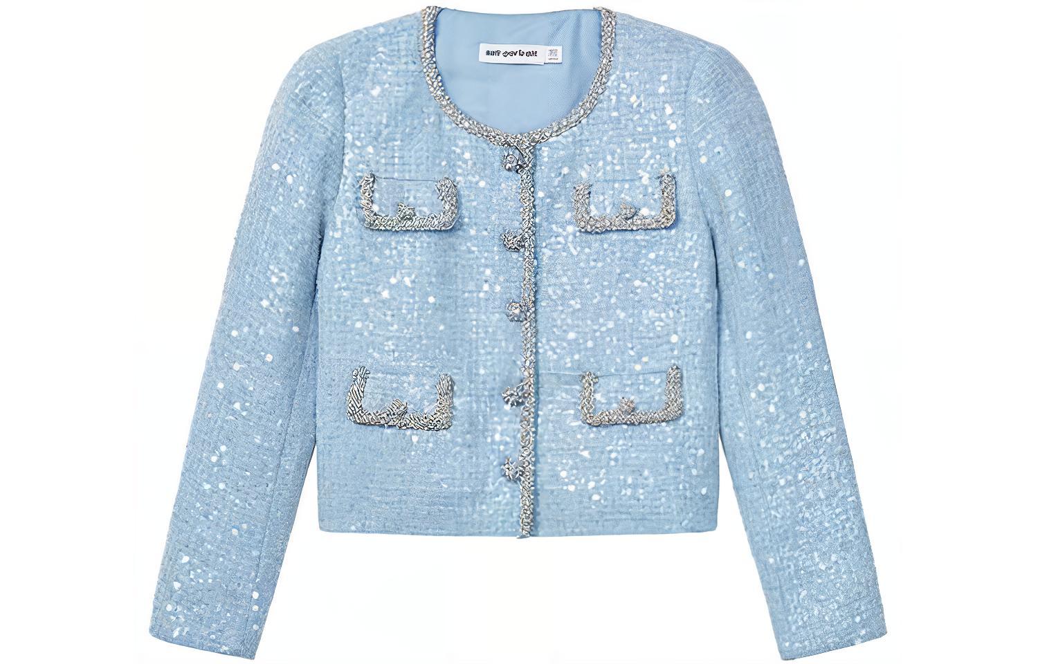 (Women) Self-Portrait Sequin Chain-Trim Jacket for Women - Misty Blue. SWF351T01000