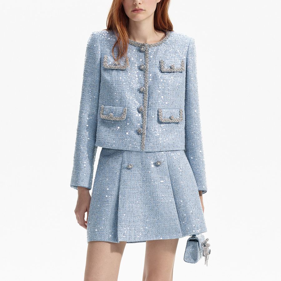 Lookbook (W) Self-Portrait 女款亮片鍊條裝飾夾克 - 霧藍色 SWF351T01000