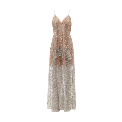 (Women) Self-Portrait Sequin Embroidered Lace V-Neck Midi Slip Dress Silver . PF20-142