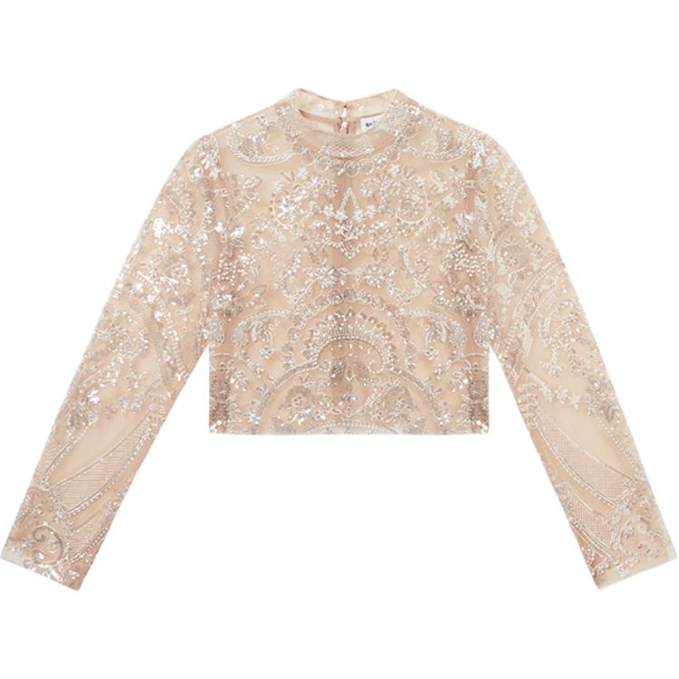 (Women) Self-Portrait Sequin Mesh Stand Collar Long Sleeve Regular T-Shirt Women. SWF344C03700