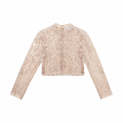 (Women) Self-Portrait Sequin Mesh Stand Collar Long Sleeve Regular T-Shirt Women. SWF344C03700