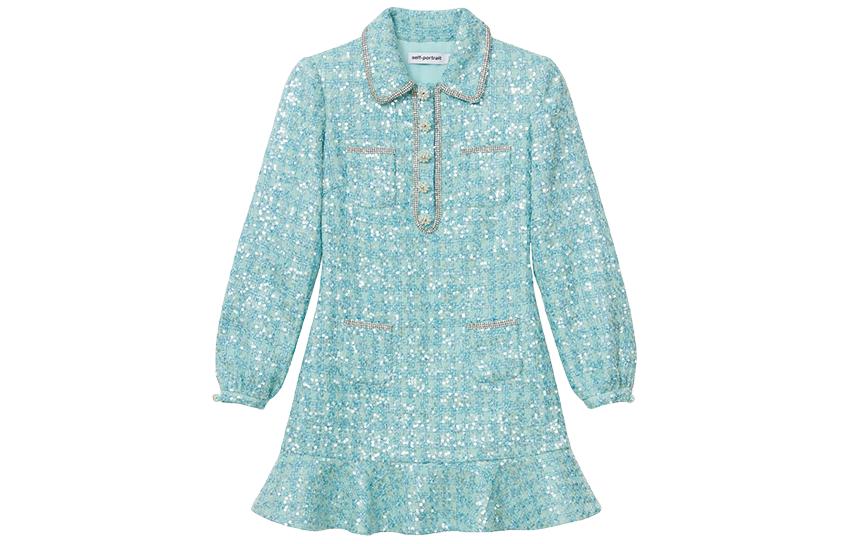 (Women) Self-Portrait Sequin Tweed Embellished Collar Dress  Green Multicolor SWF351Y06200