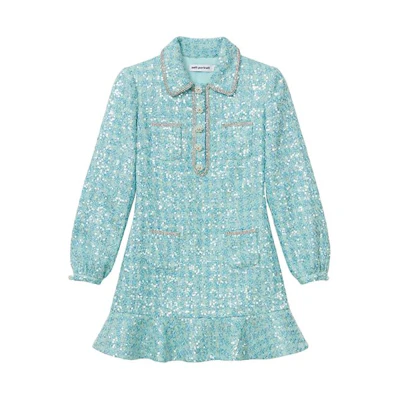 (Women) Self-Portrait Sequin Tweed Embellished Collar Dress Green Multicolor SWF351Y06200