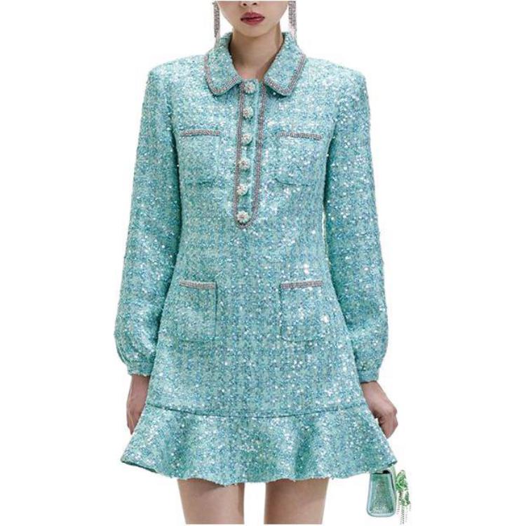 (Women) Self-Portrait Sequin Tweed Embellished Collar Dress  Green Multicolor SWF351Y06200 圖 3