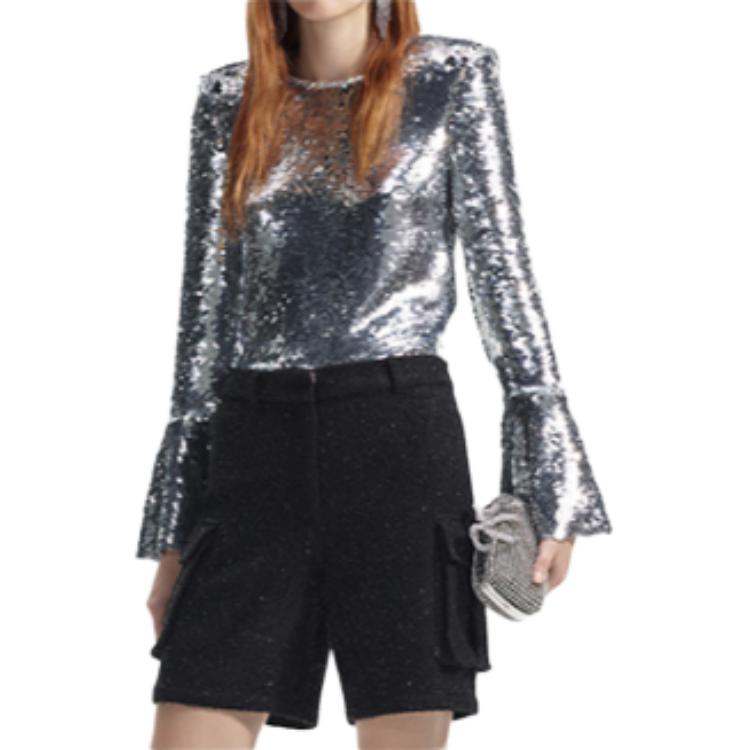 Order (W) Self-Portrait 銀色亮片長袖荷葉袖上衣 女款 SWF351C01800