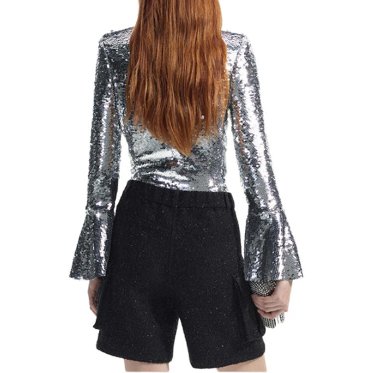 Lookbook (W) Self-Portrait 銀色亮片長袖荷葉袖上衣 女款 SWF351C01800