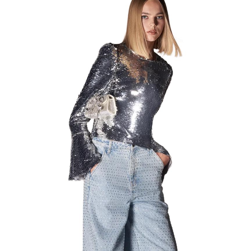 Shop (W) Self-Portrait 銀色亮片長袖荷葉袖上衣 女款 SWF351C01800