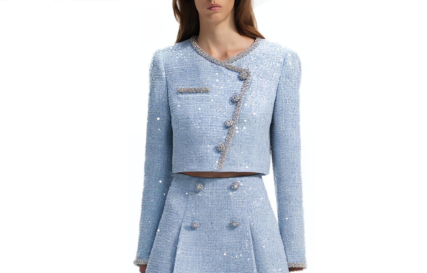 Order (W) Chaqueta Cortada Self-Portrait Azul Misty de Botón Simple Manga Larga. SWF351T00700