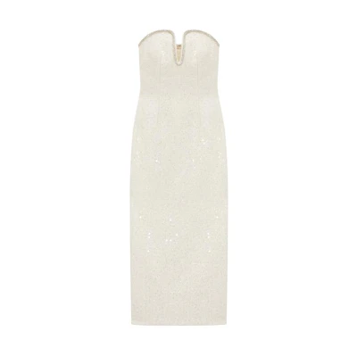 (Women) Self-Portrait Sleeveless Ivory White Sequin Tweed Midi Dress for Women SWF351Y03200